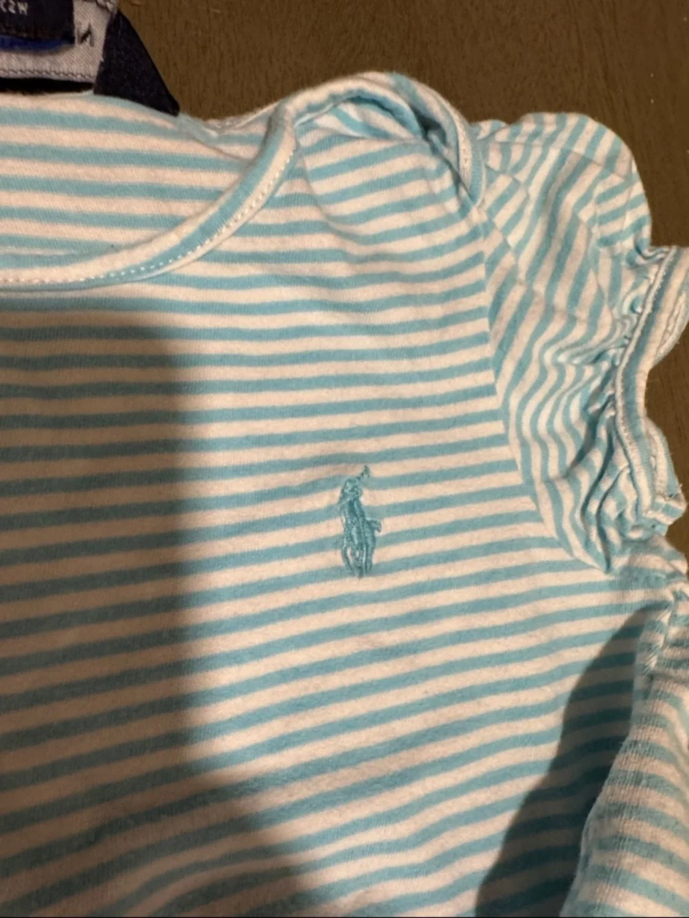 Ralph Lauren Light Blue & White Striped Ruffle Hem Tee